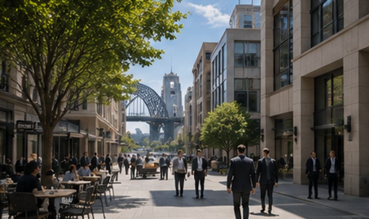 CITY BYSON on the ground in Sydney — business people in the CBD near the Harbour Bridge